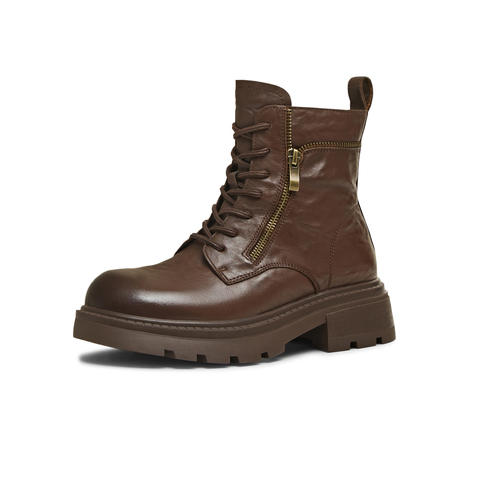 天美意2025冬新款圆头复古纯色系带通勤上班女马丁靴KDX27DD5