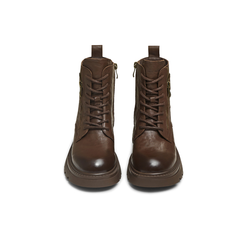 天美意2025冬新款圆头复古纯色系带通勤上班女马丁靴KDX27DD5