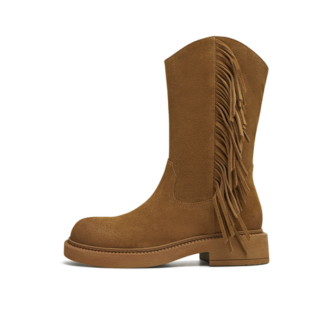 天美意2025冬新款商场同款流苏纯色百搭复古女西部靴CD564DS5