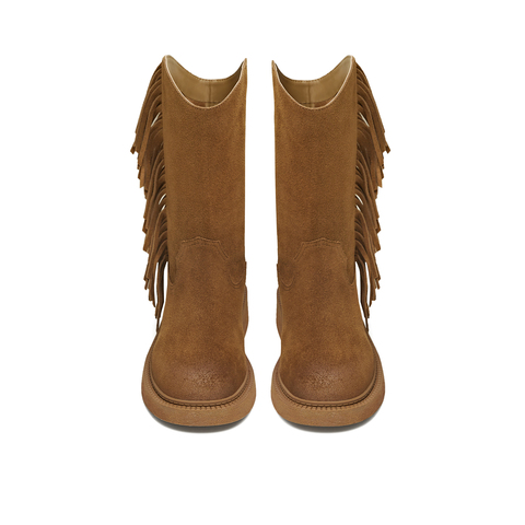 天美意2025冬新款商场同款流苏纯色百搭复古女西部靴CD564DS5