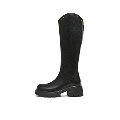 天美意2025冬新款直筒显瘦百搭厚底潮流纯色女骑士靴BM031DG5