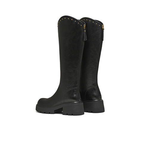 天美意2025冬新款直筒显瘦百搭厚底潮流纯色女骑士靴BM031DG5