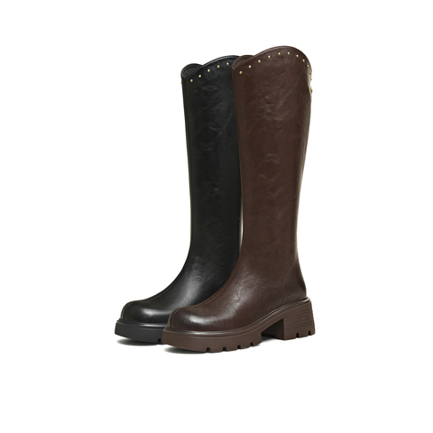 天美意2025冬新款直筒显瘦百搭厚底潮流纯色女骑士靴BM031DG5