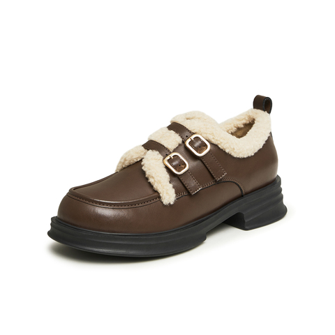 天美意2025春新款商场同款保暖英伦风皮鞋毛毛鞋女单鞋BI071AM5