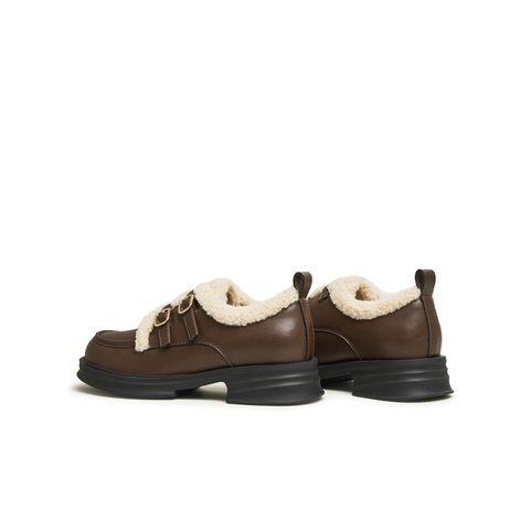 天美意2025春新款商场同款保暖英伦风皮鞋毛毛鞋女单鞋BI071AM5