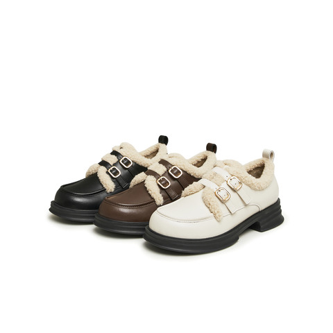 天美意2025春新款商场同款保暖英伦风皮鞋毛毛鞋女单鞋BI071AM5