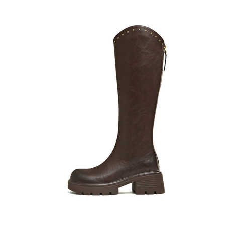 天美意2025冬新款直筒显瘦百搭厚底潮流纯色女骑士靴BM031DG5