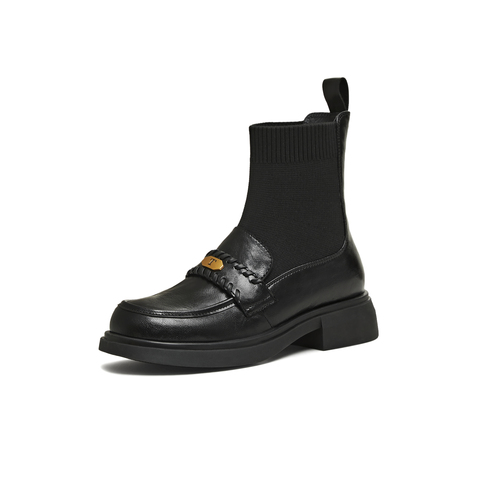 天美意2025冬新款厚底百搭短靴一脚蹬显瘦百搭女袜套靴KFZ05DD5