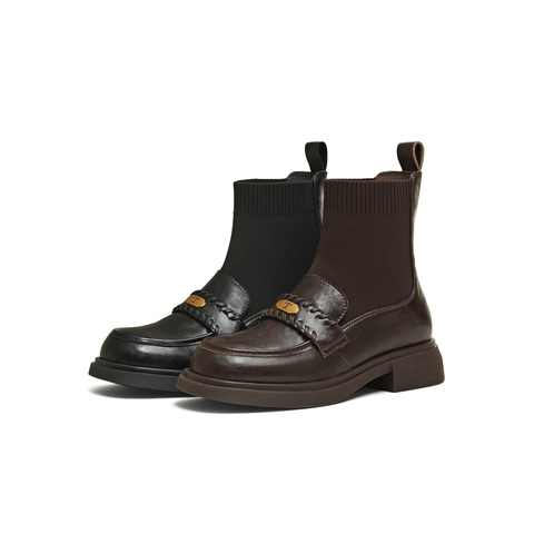 天美意2025冬新款厚底百搭短靴一脚蹬显瘦百搭女袜套靴KFZ05DD5