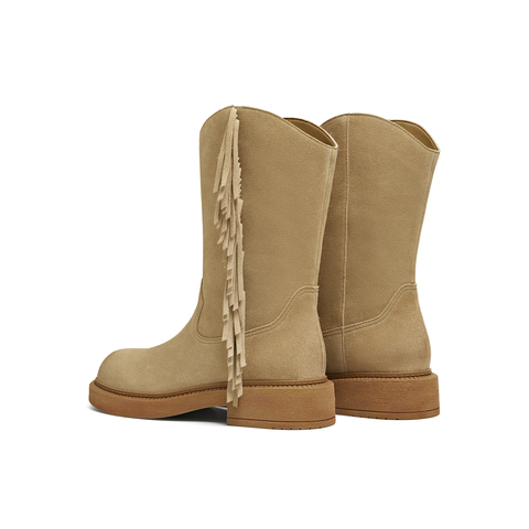 天美意2025冬新款商场同款流苏纯色百搭复古女西部靴CD564DS5