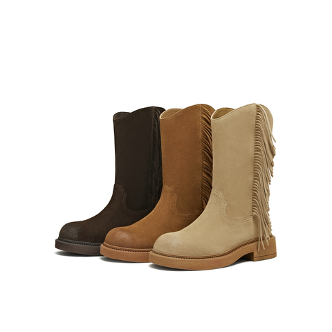 天美意2025冬新款商场同款流苏纯色百搭复古女西部靴CD564DS5