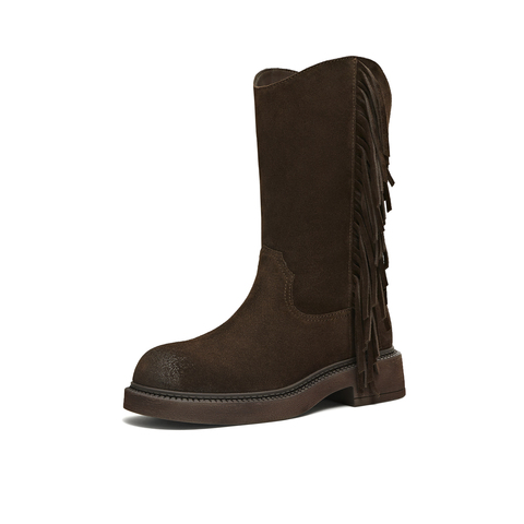 天美意2025冬新款商场同款流苏纯色百搭复古女西部靴CD564DS5