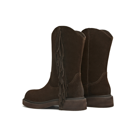 天美意2025冬新款商场同款流苏纯色百搭复古女西部靴CD564DS5