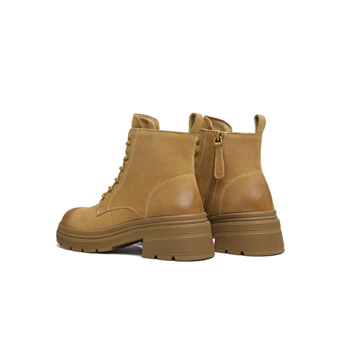 天美意2025冬新款短靴系带厚底纯色圆头户外女马丁靴KDX18DD5