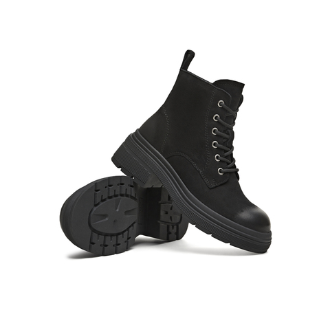 天美意2025冬新款短靴系带厚底纯色圆头户外女马丁靴KDX18DD5