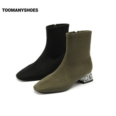Toomanyshoes靴子2022年新款深水炸弹透明粗跟华丽反绒弹力短靴女