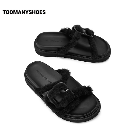 Toomanyshoes女鞋2023年夏季新款小奶球毛绒厚底显高百搭凉鞋拖鞋