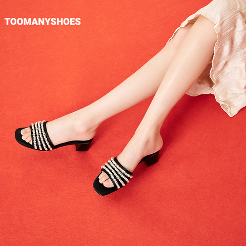Toomanyshoes女鞋2023夏新款人鱼公主珍珠条带粗跟一字带凉鞋拖鞋