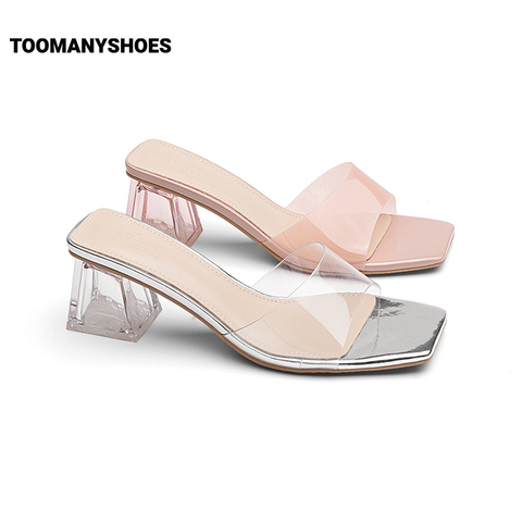 Toomanyshoes透明糖纸2023夏新款粗跟法式凉拖外穿高跟一字拖鞋女