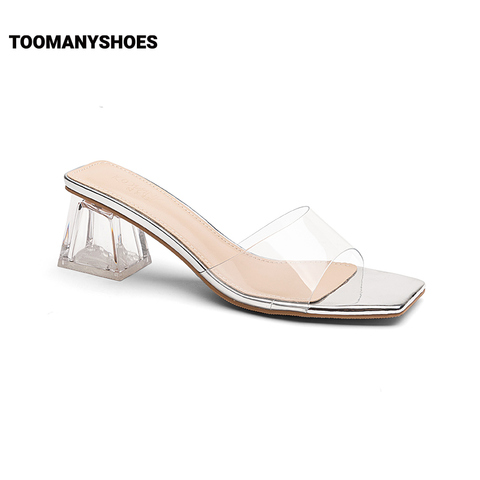 Toomanyshoes透明糖纸2023夏新款粗跟法式凉拖外穿高跟一字拖鞋女