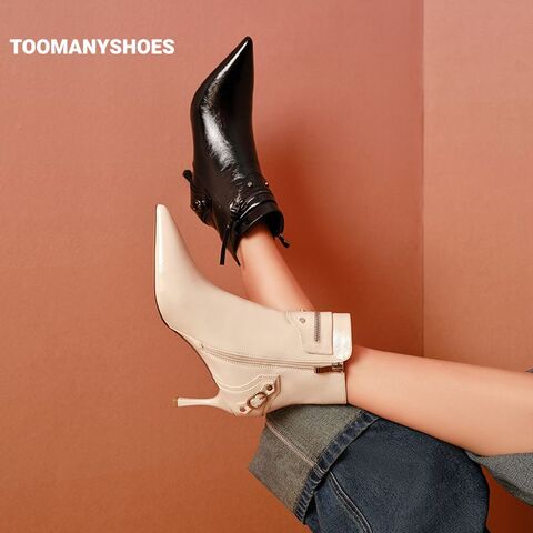 Toomanyshoes靴子秋冬新款007尖头细高跟时装靴复古漆皮短靴女