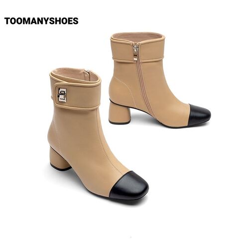 Toomanyshoes靴子冬新款Bistro尖头时装靴粗跟短靴女增高显瘦