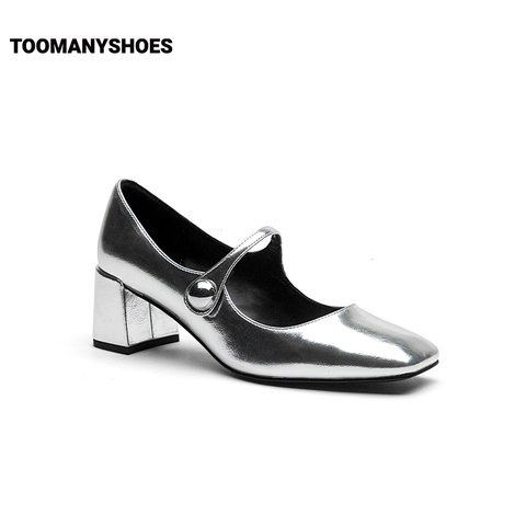 Toomanyshoes榛子蛋糕银色复古玛丽珍单鞋女红色高跟婚鞋