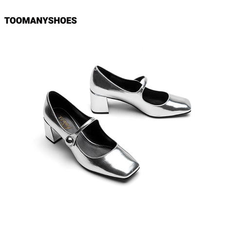 Toomanyshoes榛子蛋糕银色复古玛丽珍单鞋女红色高跟婚鞋