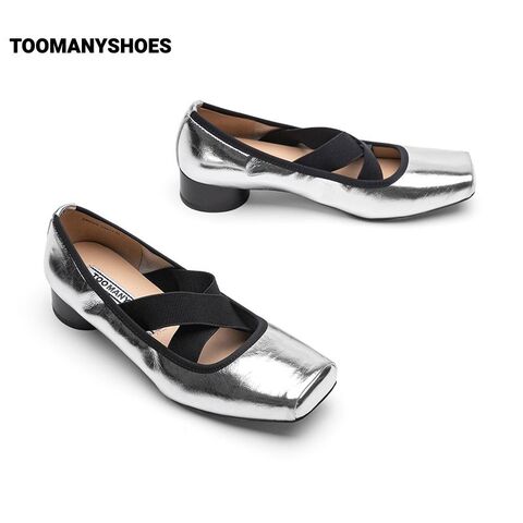 Toomanyshoes女鞋2024新款蒸汽木偶一脚蹬粗跟复古银色芭蕾舞单鞋