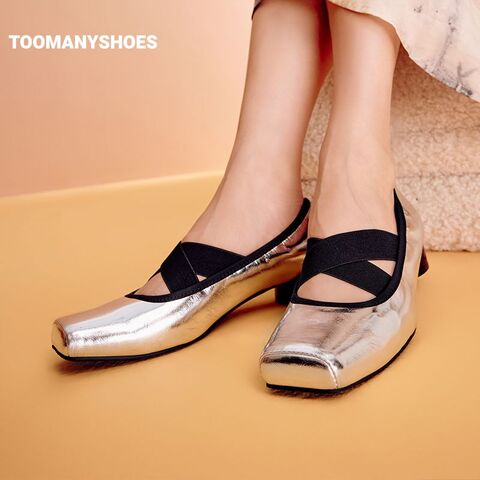 Toomanyshoes女鞋2024新款蒸汽木偶一脚蹬粗跟复古银色芭蕾舞单鞋