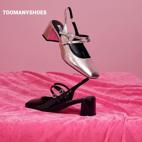 [明星同款]Toomanyshoes女鞋银河甜心包头单凉鞋粗高跟银色玛丽珍