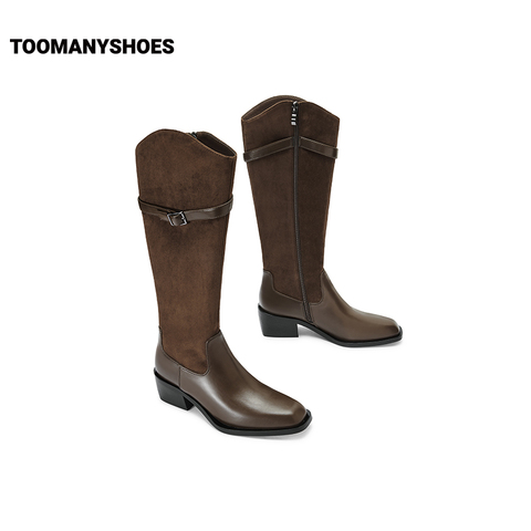 孙千同款Toomanyshoes靴子时髦打卡长筒高跟显瘦棕色骑士靴女长靴