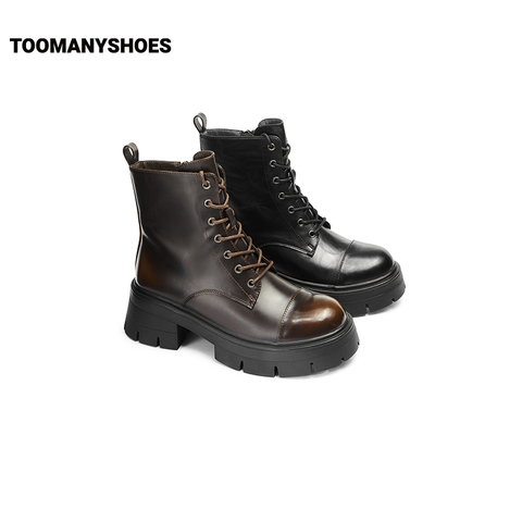 Toomanyshoes靴子2024秋冬新款黑凤梨厚底增高短靴工装系带马丁靴