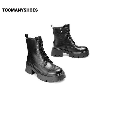 Toomanyshoes靴子2024秋冬新款黑凤梨厚底增高短靴工装系带马丁靴