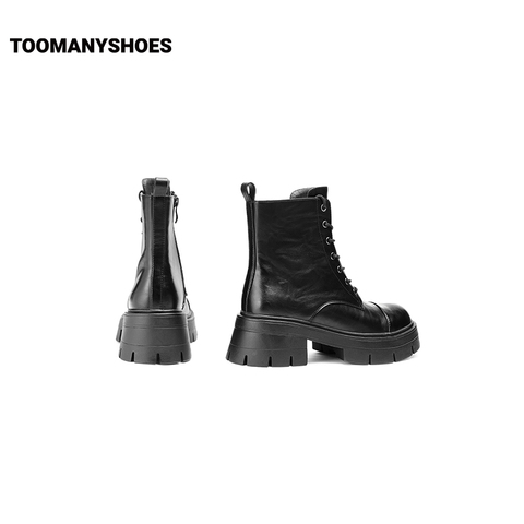 Toomanyshoes靴子2024秋冬新款黑凤梨厚底增高短靴工装系带马丁靴