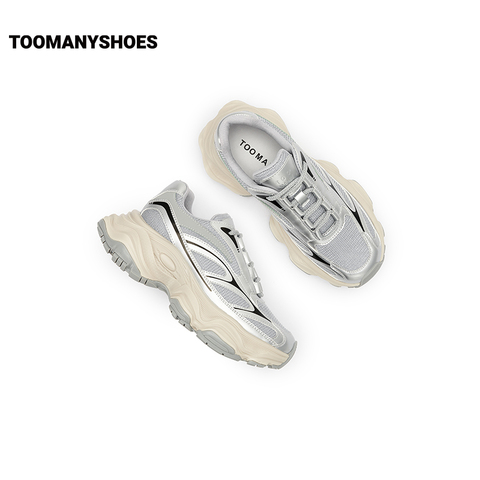 Toomanyshoes女鞋2024新款火焰印记厚底运动网面鞋复古银色老爹鞋