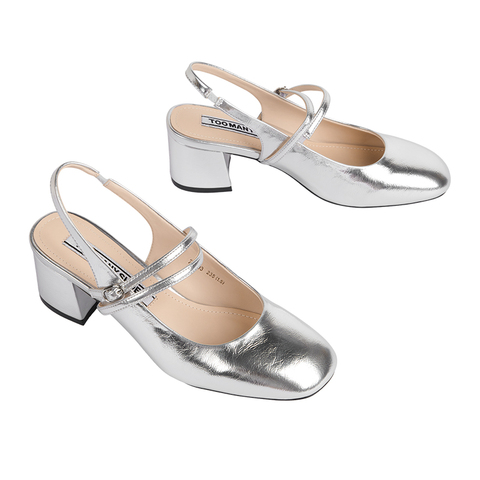 Toomanyshoes女鞋2025新款怦然心动粗高跟包头凉鞋银色复古玛丽珍