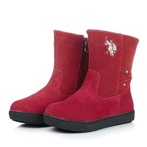 U.S.POLO ASSN./美国马球协会童鞋冬季反毛皮/PU深红女小童童靴时装靴L50281