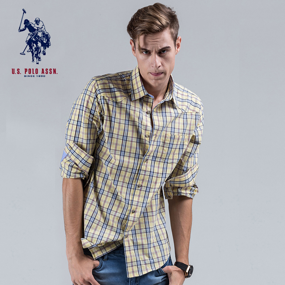 uspolo 男士衬衫新款长袖格子衫英伦风纯棉衬衫 黄格子 u009hg